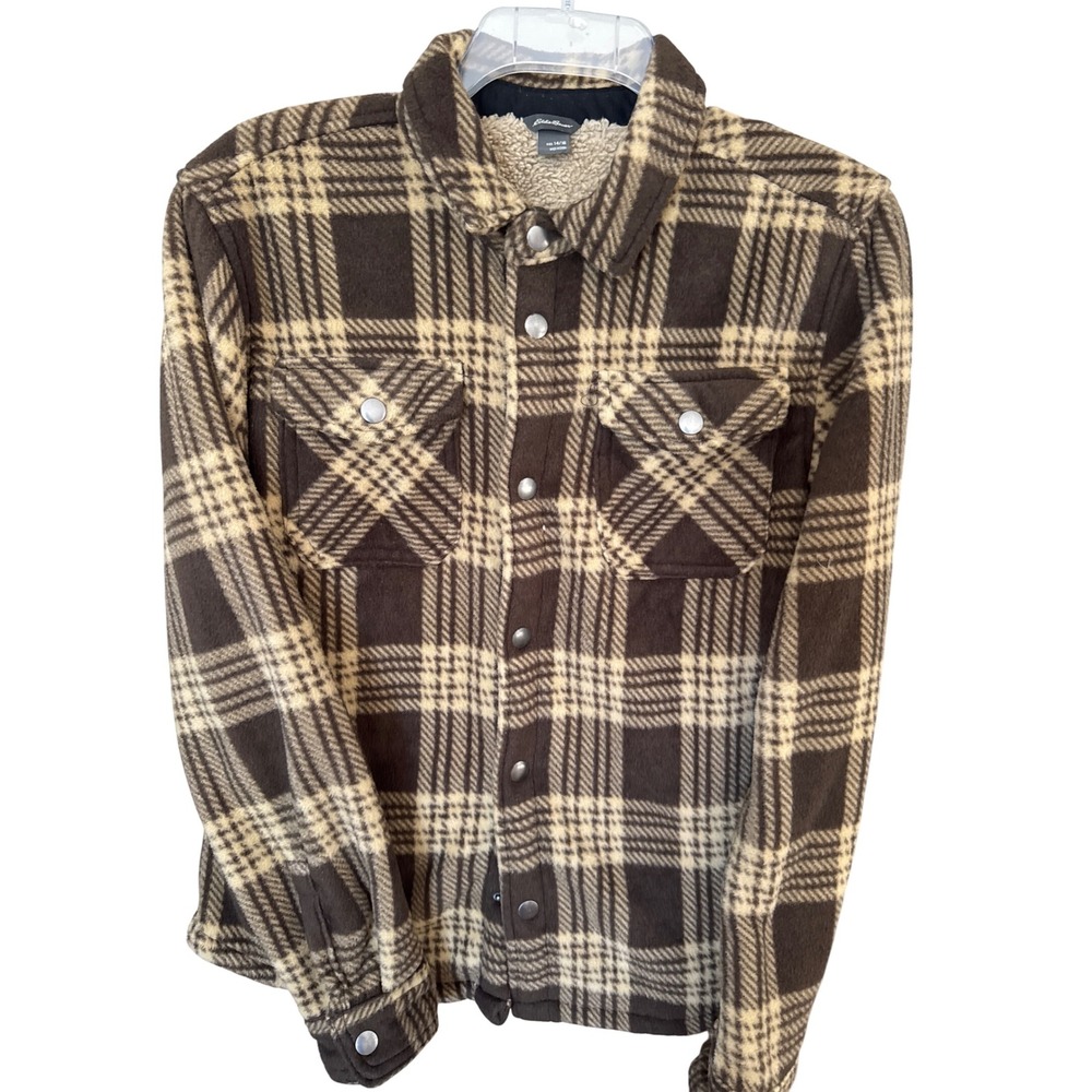 Eddie Bauer Boy's Snap‎ Button Sherpa Lined Shirt Jacket Brown size 14/16